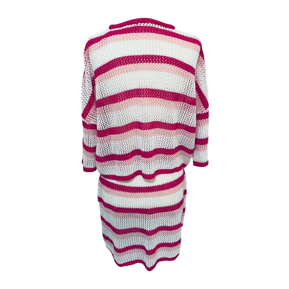 NEW Large Crochet‎ Knit Swim Cover Set Striped Cardigan & Mini Skirt Pink White - Picture 8 of 9